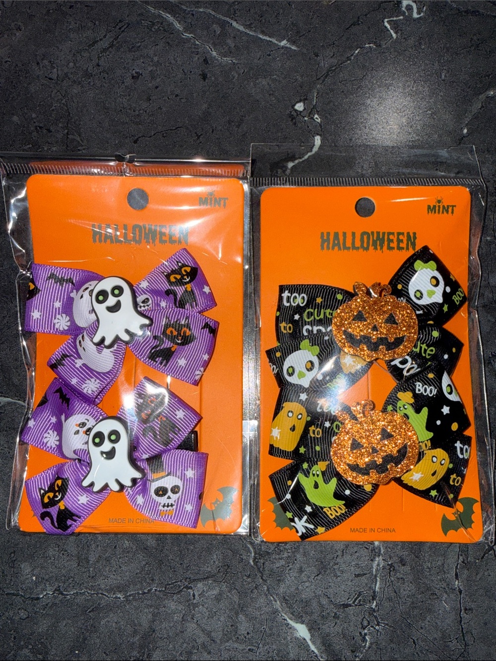 Mint Purple & Black Halloween Hair Bow Set with Ghosts and Glitter Pumpkins